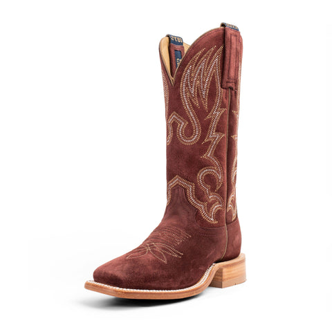 Toe to heel side view of Hyer Women's Augusta Burgundy Roughout Boots