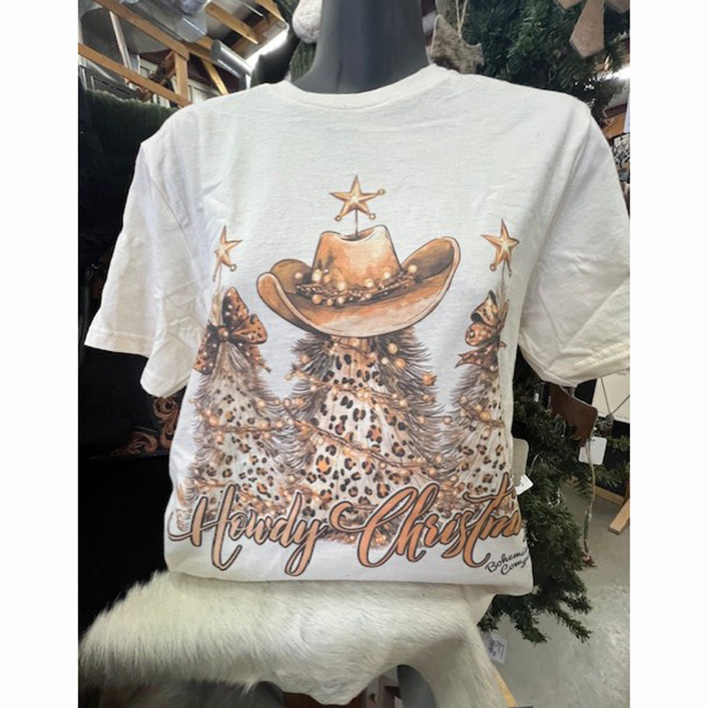 Cream t-shirt featuring leopard print Christmas trees with the words "Howdy Christmas"