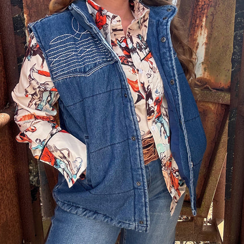 Denim Button Vest with White Boot Stitch Embroidery