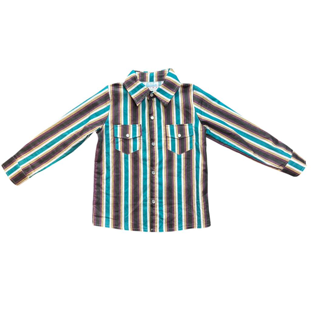 Front side flat lay of the retro brown long sleeve pearl snap. 