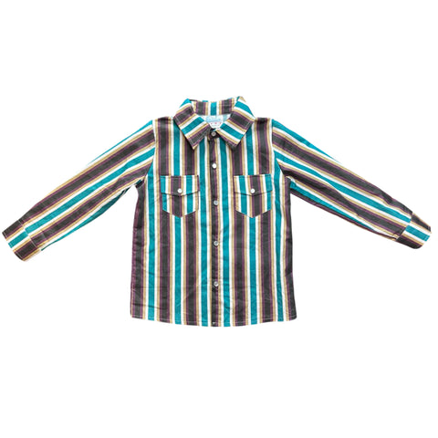 Front side flat lay of the retro brown long sleeve pearl snap. 