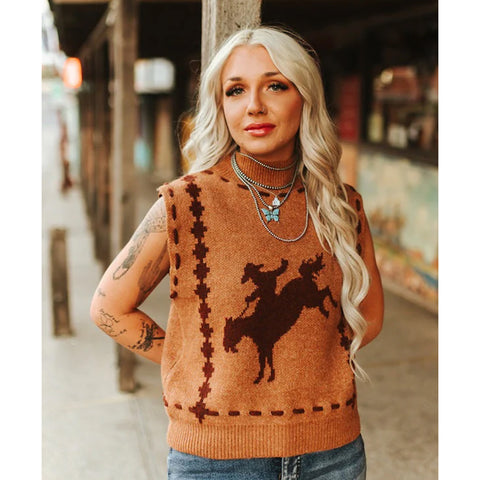 Brown Western Bronc Sleeveless Sweater