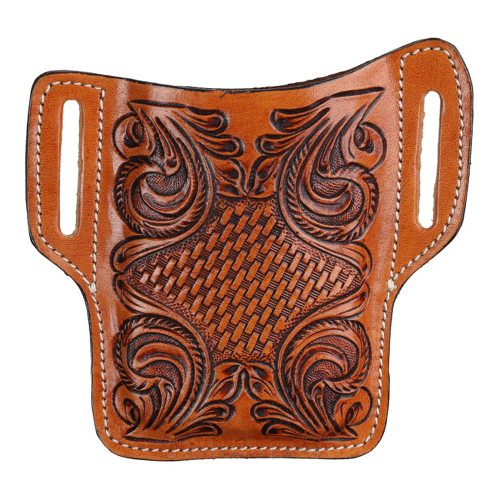Tooled leather belt loop phone holder with floral design