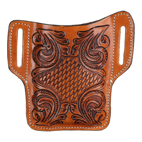 Tooled leather belt loop phone holder with floral design