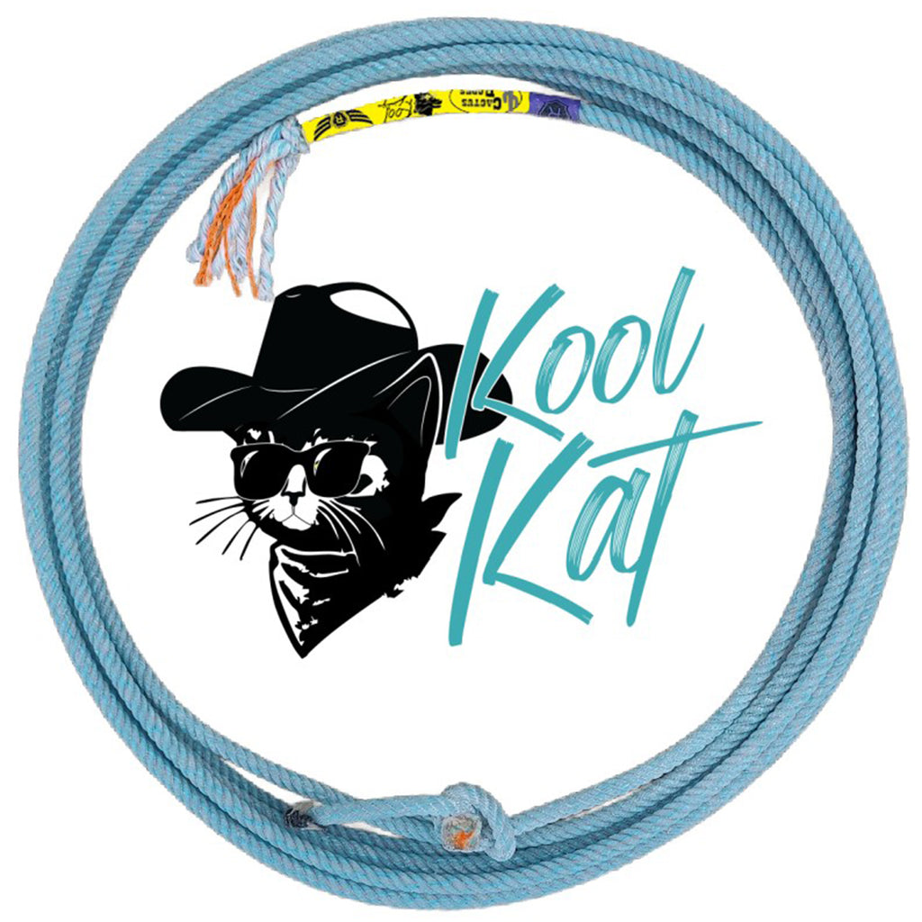 Blue rope on white background with black cat wearing glasses and cwoboy hat and blue kool kat logo.