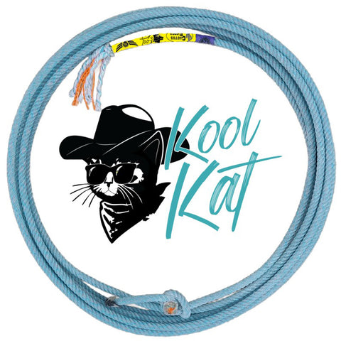 Blue rope on white background with black cat wearing glasses and cwoboy hat and blue kool kat logo.