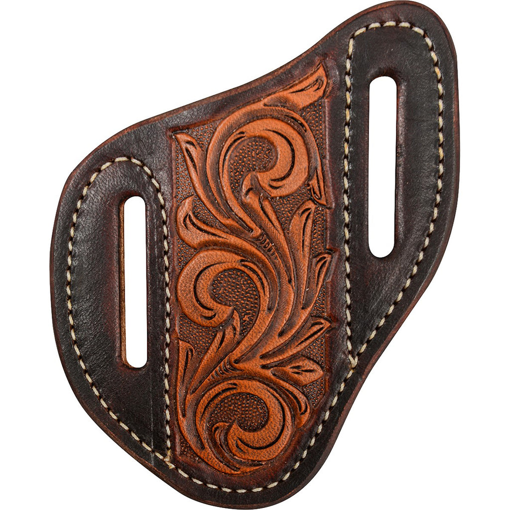 Brown leather holster with intricate floral tooling on a white background