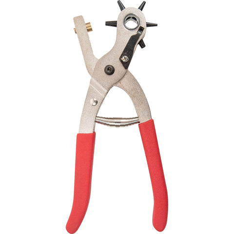 Leather punch with red handle.
