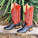 Black square toe boots with red top and white stitching.