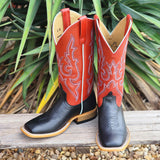 Black square toe boots with red tops and white piping and stitching. 