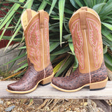 Antique Brown Ostrich Print Square Toe Boots