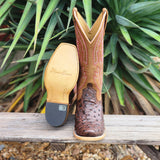 Antique Brown Ostrich Print Square Toe Boots Showing Sole