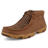 Brown chukka driving moc with black and brown checked vamp.