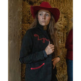OUTBACK TRADING Women's Loretta Black Jacket with red trim and smile pockets a cowgirl wearing view