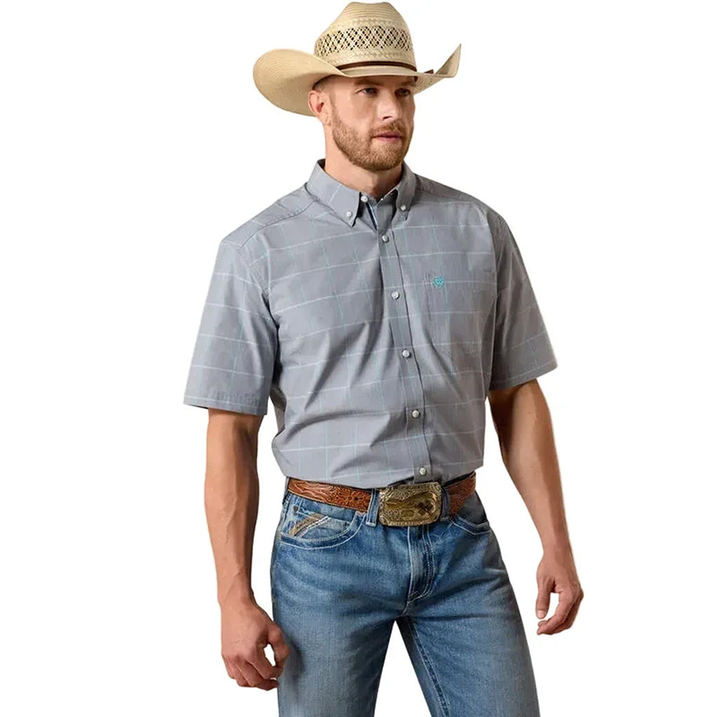 Model Wearing a Men's Pro Series Percie Classic Fit Plaid Short Sleeve Shirt