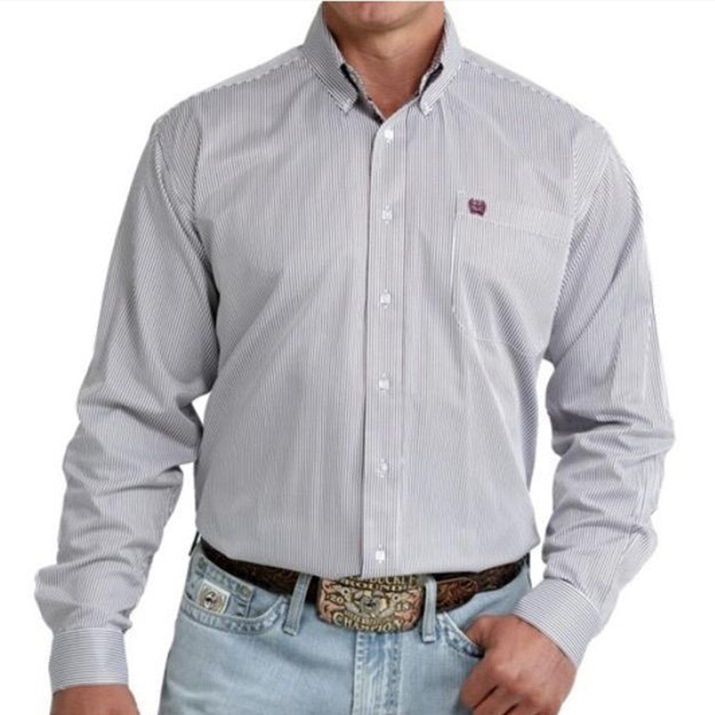Maroon and White Pinstripe Long Sleeve Button up