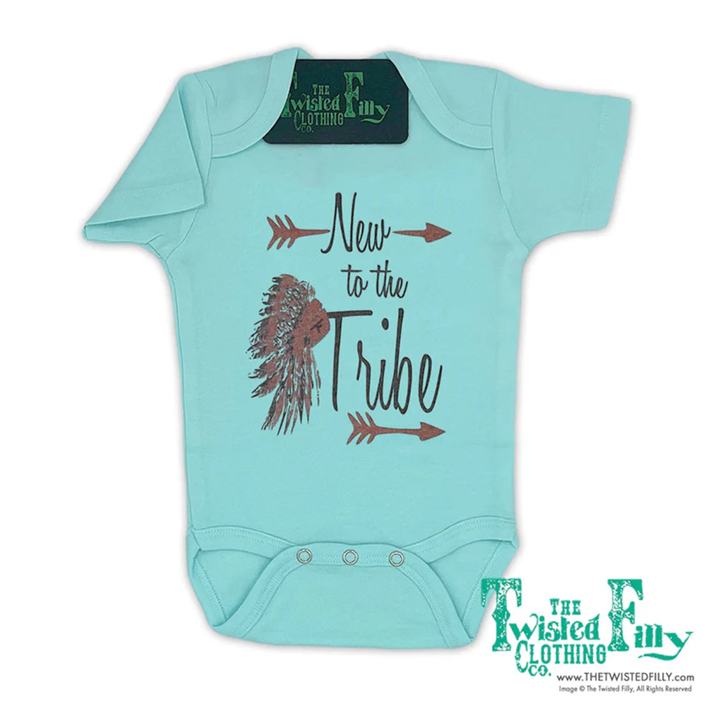 Flat lay of turquoise new to the tribe baby onesie. 