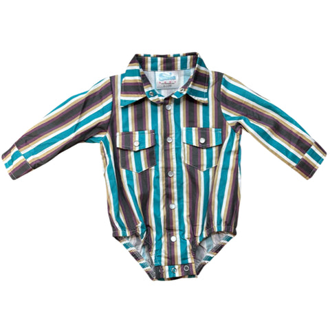 Front side flat lay of vintage brown striped long sleeve onesie. 