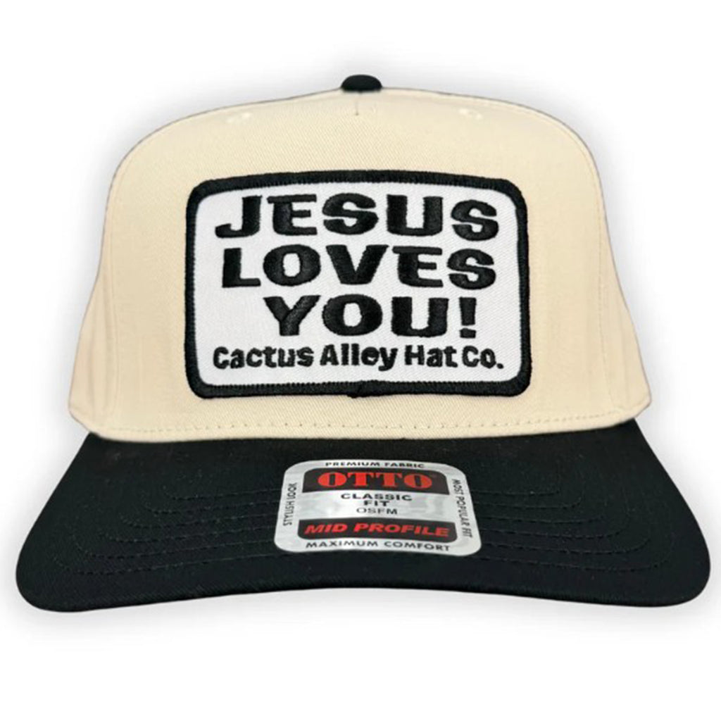 Cream and Black Cap with "Jesus Loves You" Patch on White Background