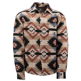 Tan and black Aztec shirt jacket with snap buttons and geometric Western print on soft brushed fabric