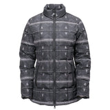 Black and gray Aztec puffer jacket with geometric Western print and zip-front closure