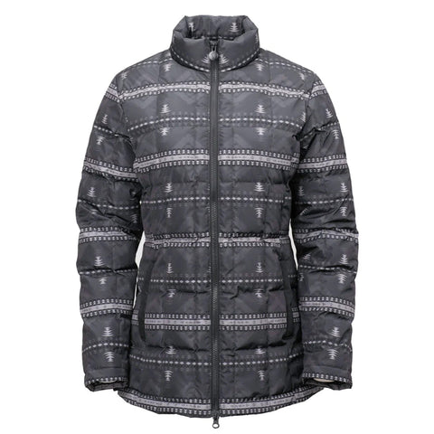 Black and gray Aztec puffer jacket with geometric Western print and zip-front closure
