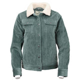 Sage green corduroy jacket with snap buttons and Berber fleece lining on soft cotton shell