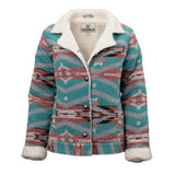 Turquoise and coral Aztec Berber jacket with snap buttons and plush fleece lining on soft brushed shell