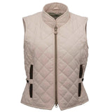 Cream quilted riding vest with diamond stitching, zip front, and brown trim accents