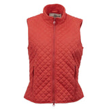Red paisley Wilona vest with quilted microsuede shell, stand collar, and zip-front closure