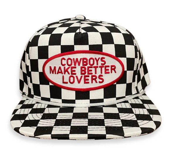 Black and White Checkered Cap With Red "Cowboys make Better Lovers" Patch on White Background