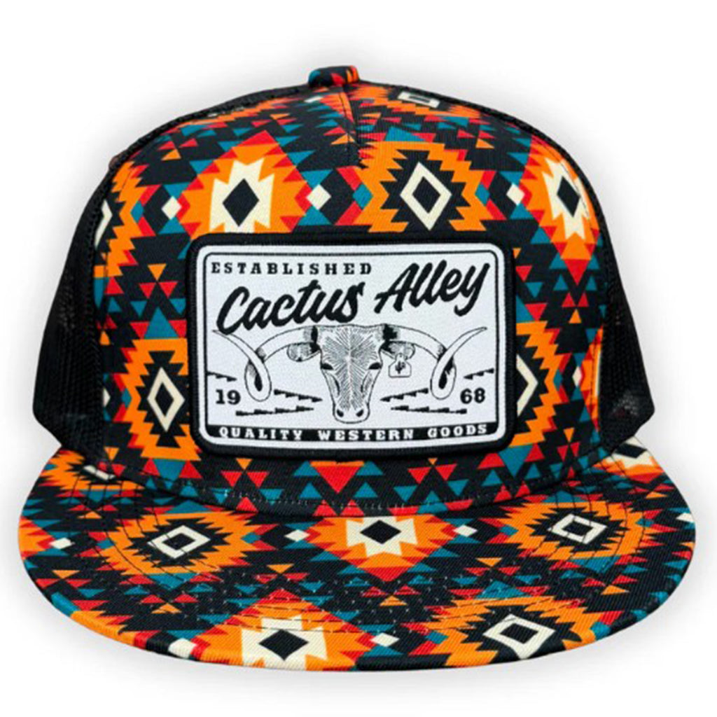 Orange Blue and Red Aztec cap with Cactus Alley Patch on White Background