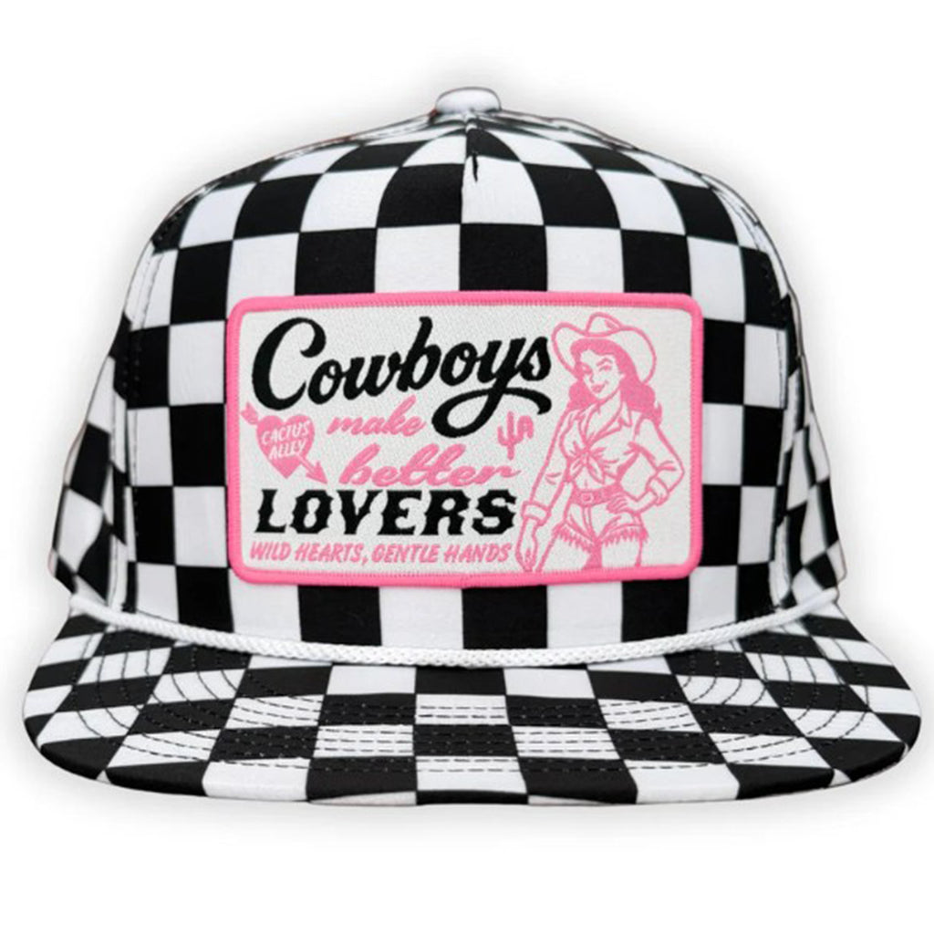 Black and White Checkered Cap With Pink "Cowboys make Better Lovers" Patch on White Background