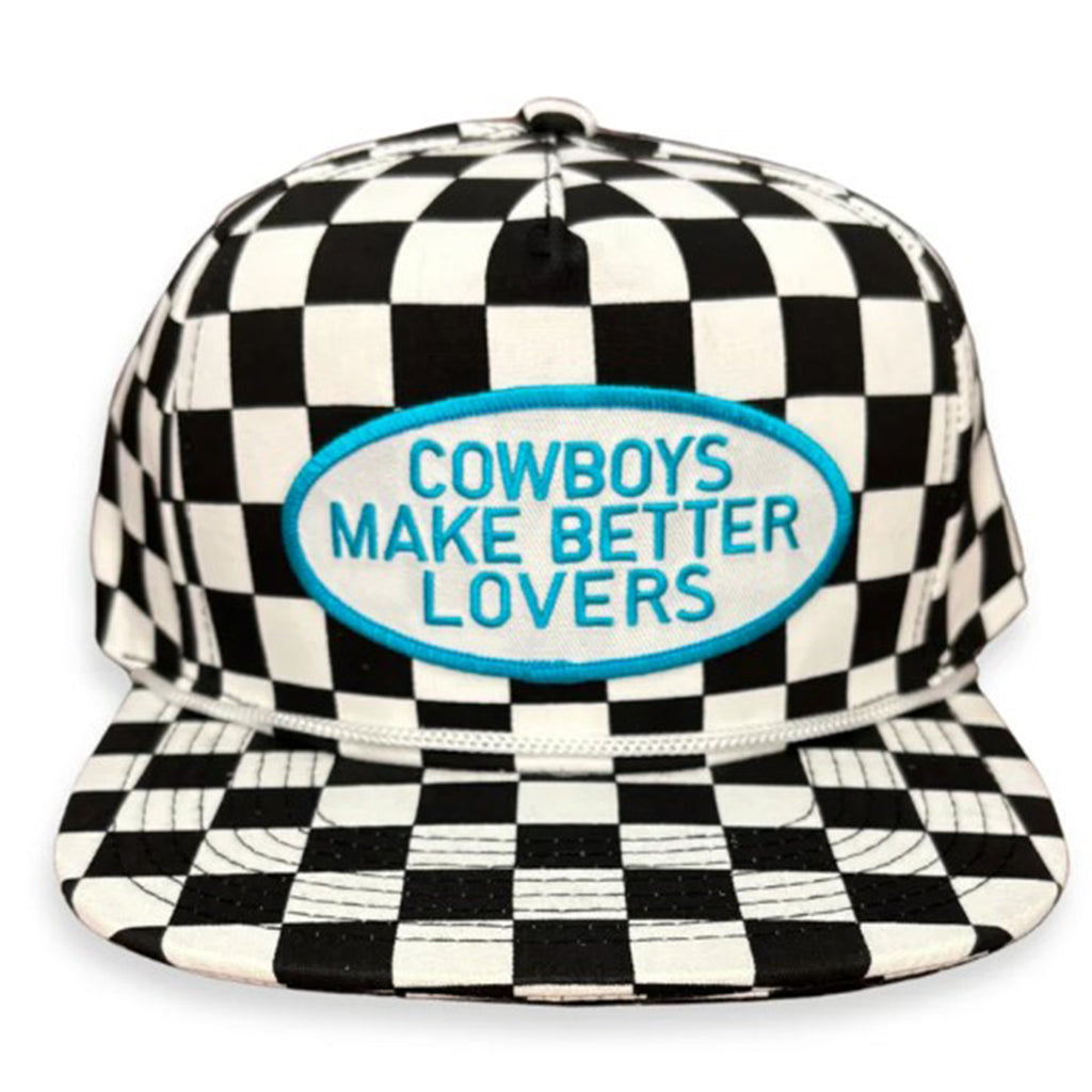 Black and White Checkered Cap With Turquoise "Cowboys make Better Lovers" Patch on White Background