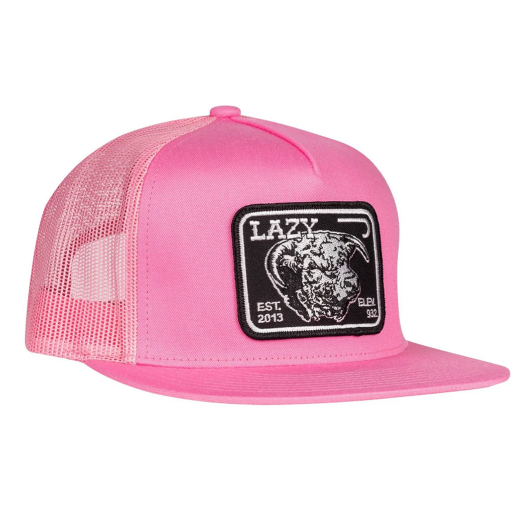 Pink five panel trucker cap with lazy j ranch black elevation patch.
