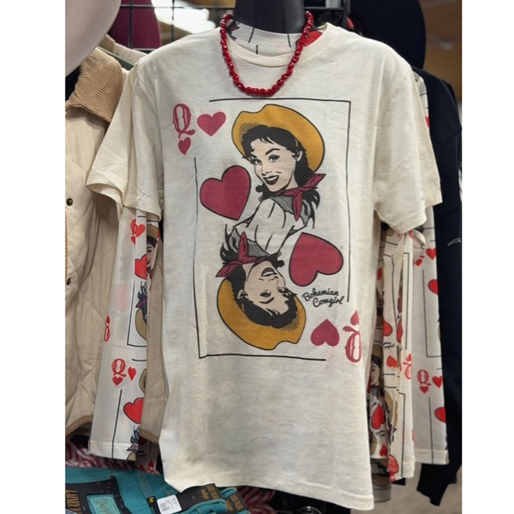 Cream t-shirt with graphic design of a woman holding hearts and playing cards, displayed on a mannequin.