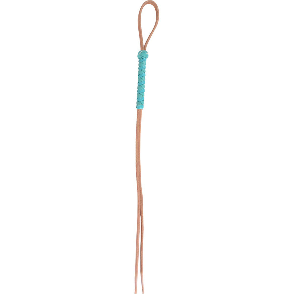 Tan harness leather quirt with turquoise lacing