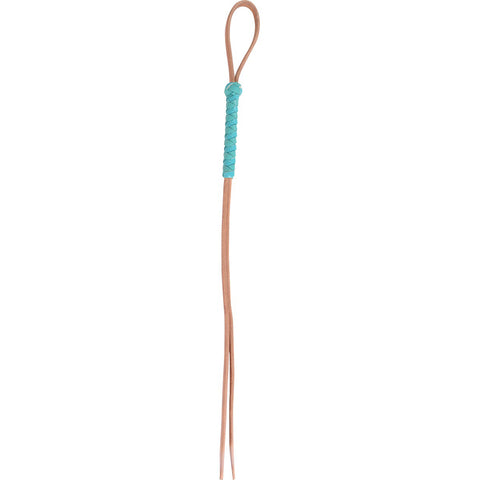Tan harness leather quirt with turquoise lacing