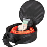 Black breakaway rope bag open with ropes inside and middle pouch open with rubber and gloves inside.