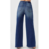back of dark wash high rise wide flare jeans
