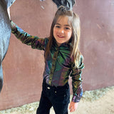 long sleeve mermaid color rodeo shirt. tapered fit. 