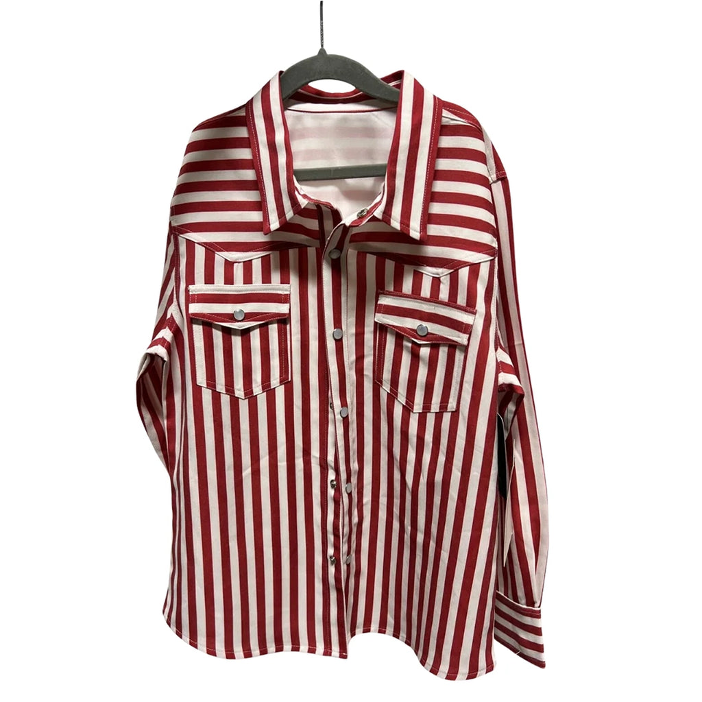 red striped, pearl snap, long sleeve, chest pockets 