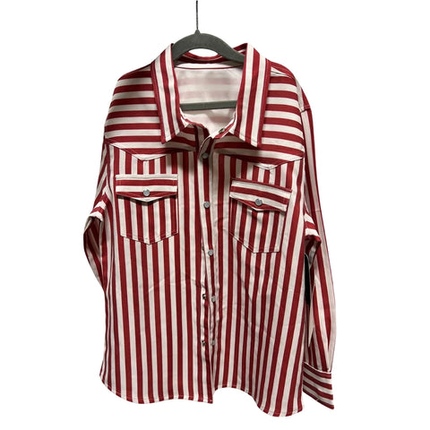 red striped, pearl snap, long sleeve, chest pockets 
