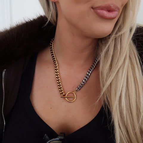 Close up view of 2 Tone Silver & Gold "Reagan" Chain Necklace 