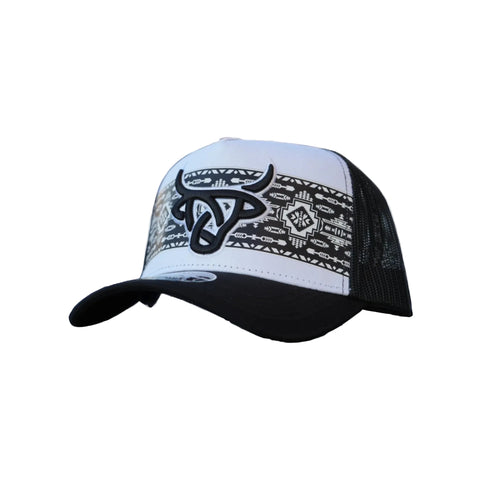 Shima White/Black A‑Frame hat on a white background, showing the black Lost Calf logo and tribal design on the white front panel. 