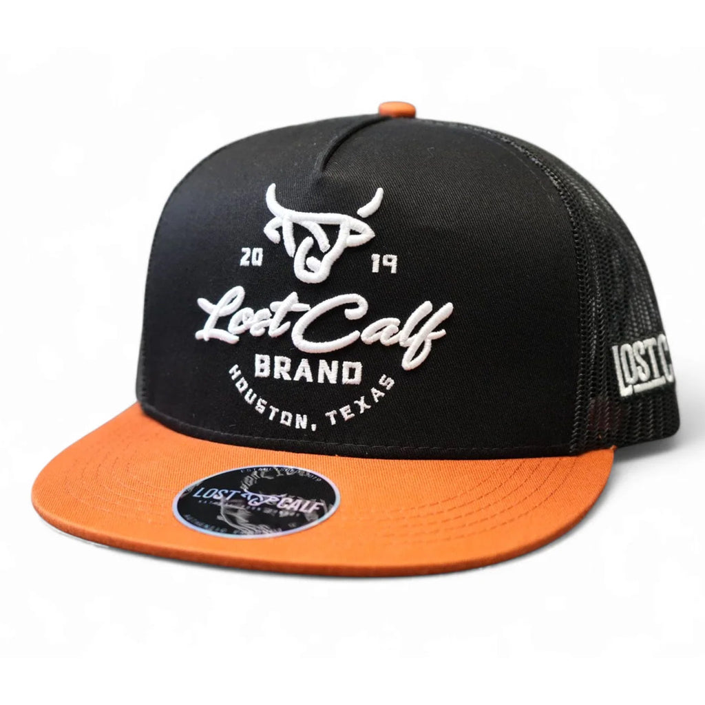 Front and side view of Orange and Black Lost Calf Cap