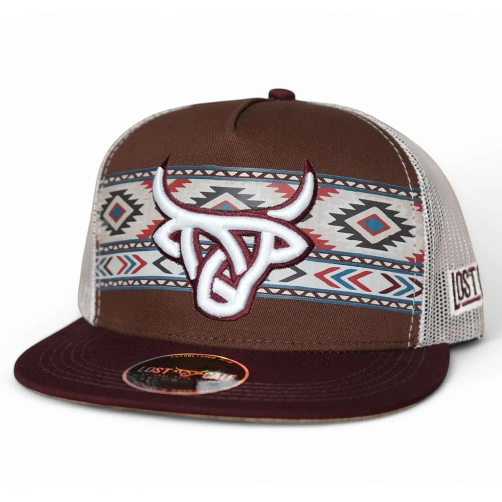 Front side view of brown flat bill cap