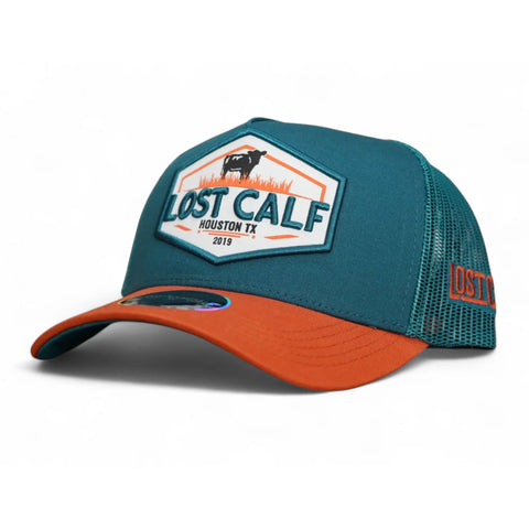 Angled front‑side view of the Teal and Orange Farm Blue A‑Frame Cap.