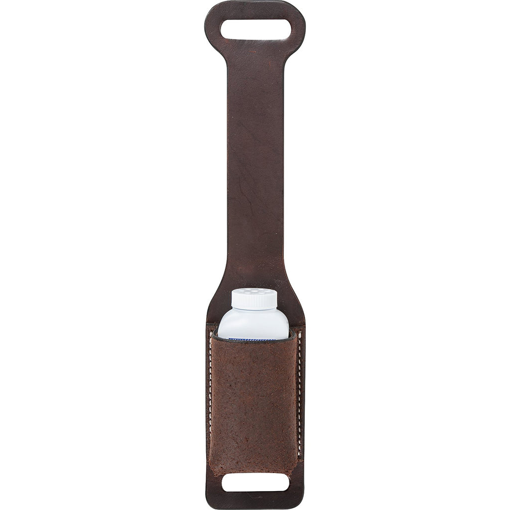 Chocolate roughout rope powder holder, with bottle of powder on white background.