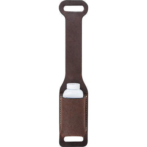 Chocolate roughout rope powder holder, with bottle of powder on white background.